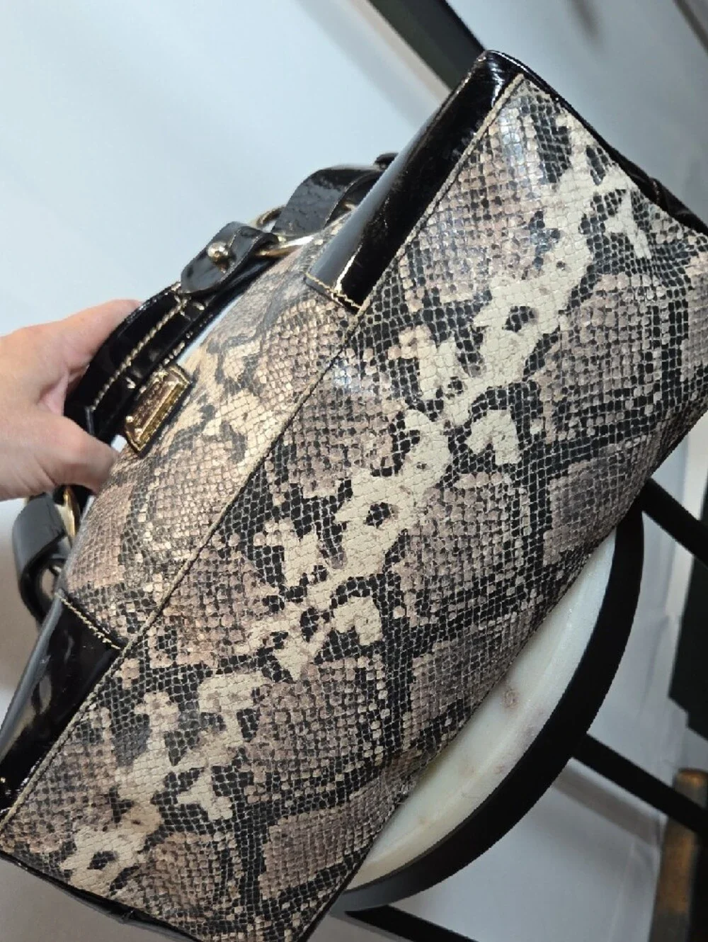 Dooney & Bourke Black and Cream Leather Snake-Print Hobo Bag
